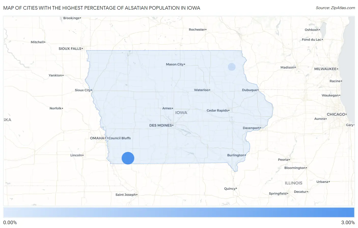 Cities with the Highest Percentage of Alsatian Population in Iowa Map