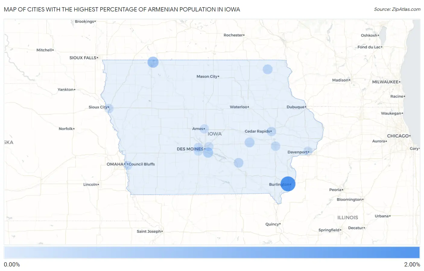 Cities with the Highest Percentage of Armenian Population in Iowa Map