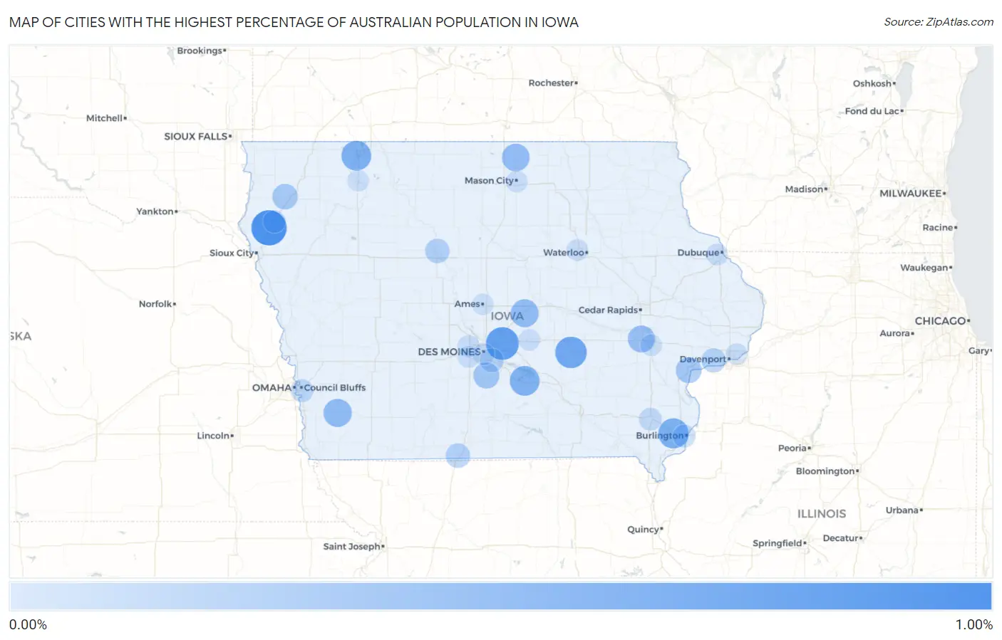 Cities with the Highest Percentage of Australian Population in Iowa Map