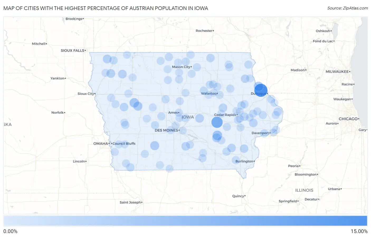 Cities with the Highest Percentage of Austrian Population in Iowa Map