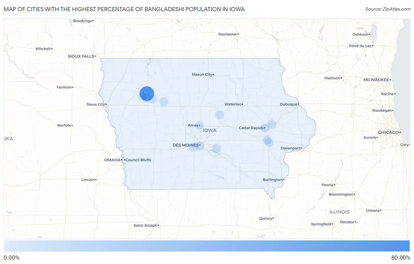 Cities with the Highest Percentage of Bangladeshi Population in Iowa Map
