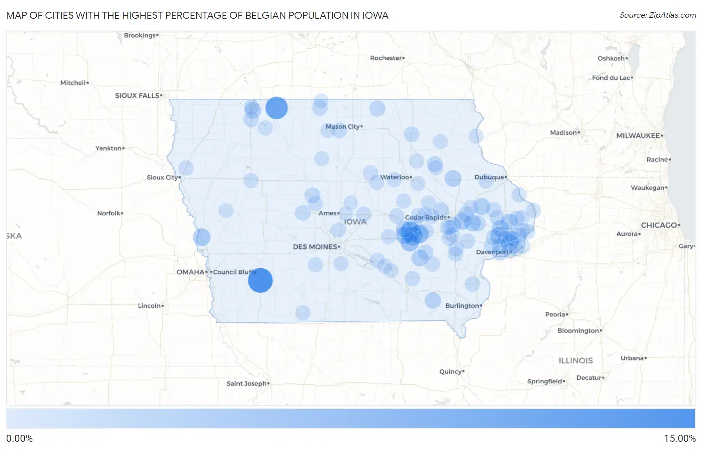Cities with the Highest Percentage of Belgian Population in Iowa Map