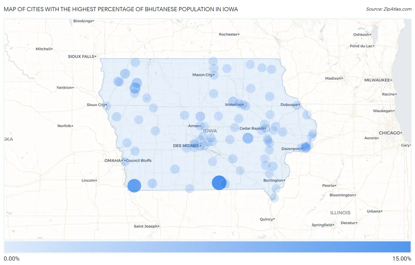 Cities with the Highest Percentage of Bhutanese Population in Iowa Map