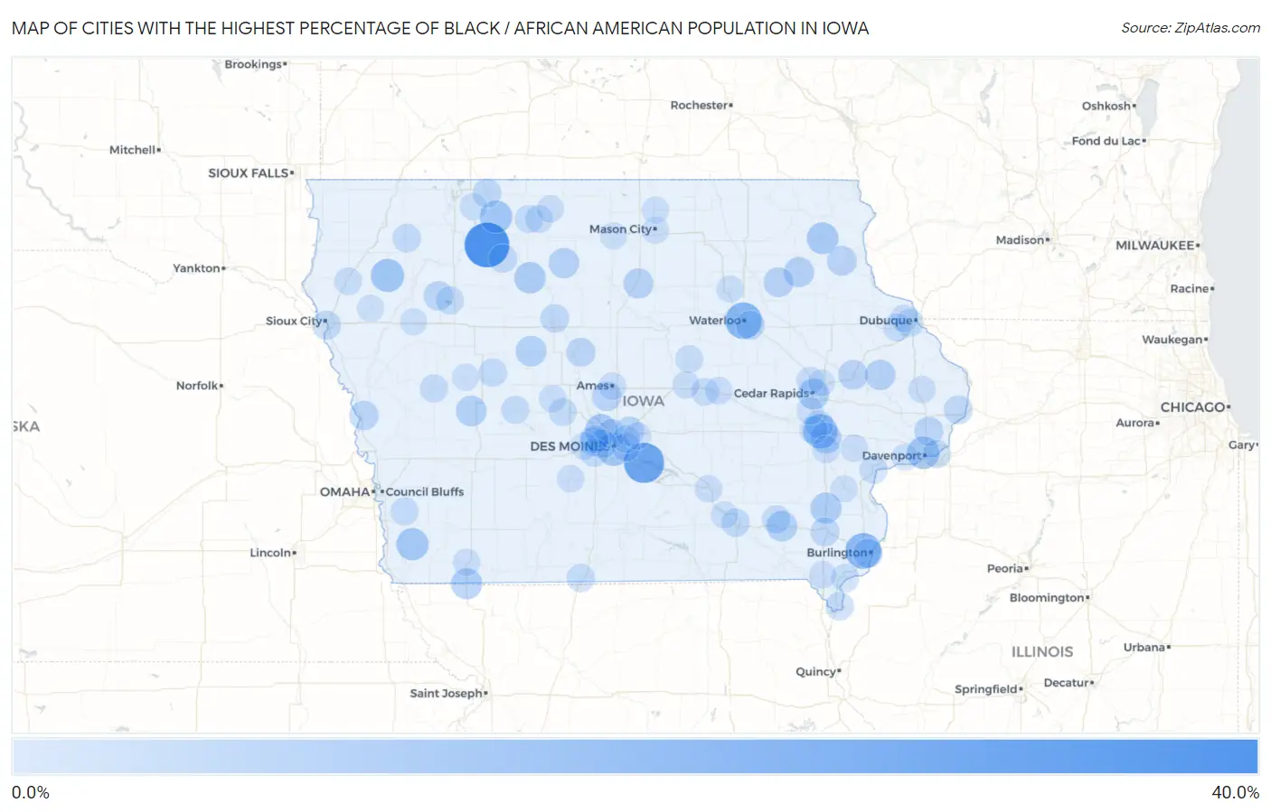 Cities with the Highest Percentage of Black / African American Population in Iowa Map