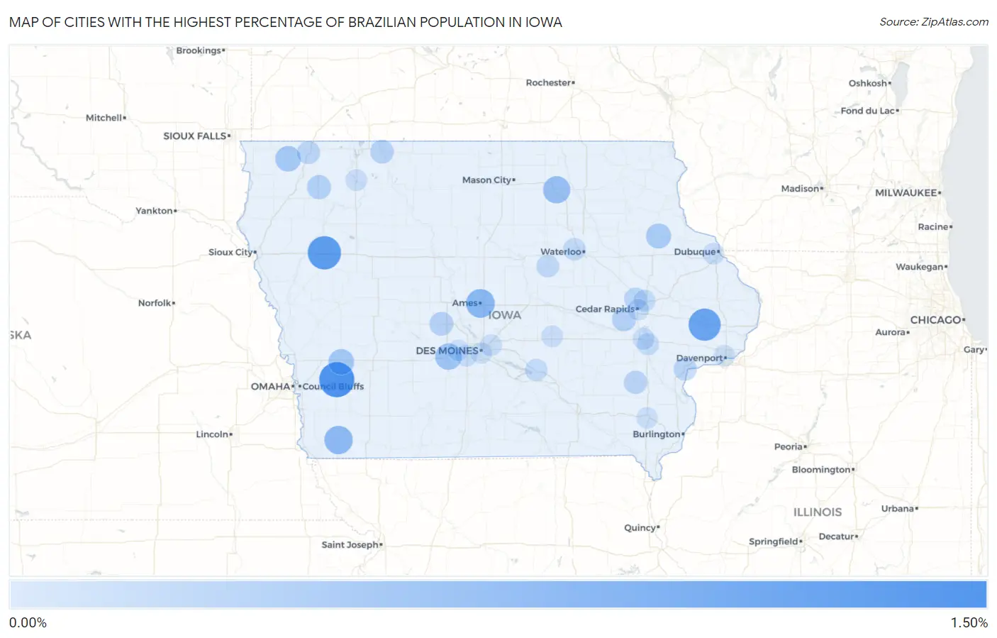 Cities with the Highest Percentage of Brazilian Population in Iowa Map