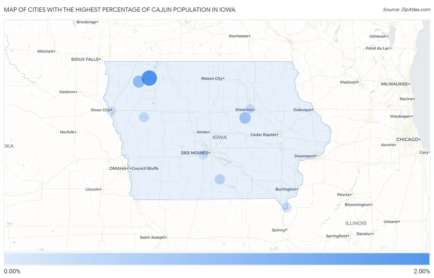 Cities with the Highest Percentage of Cajun Population in Iowa Map