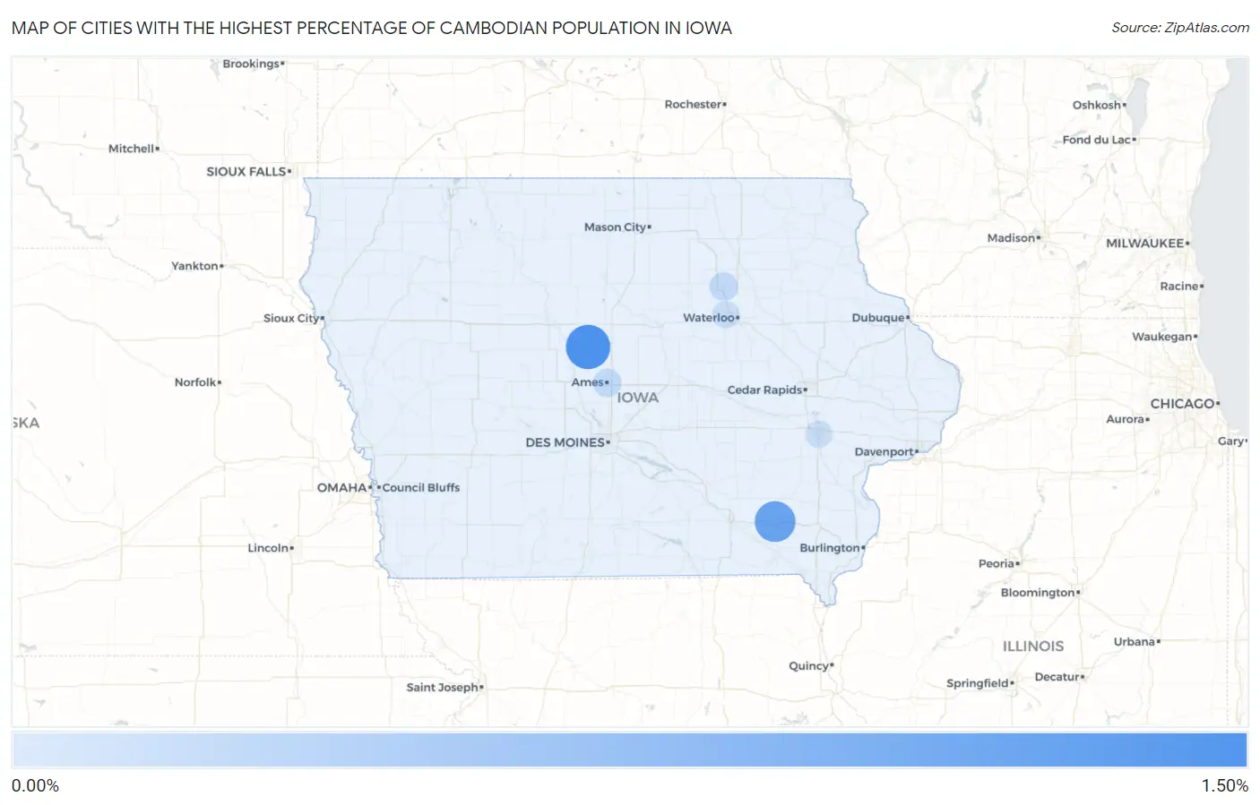 Cities with the Highest Percentage of Cambodian Population in Iowa Map