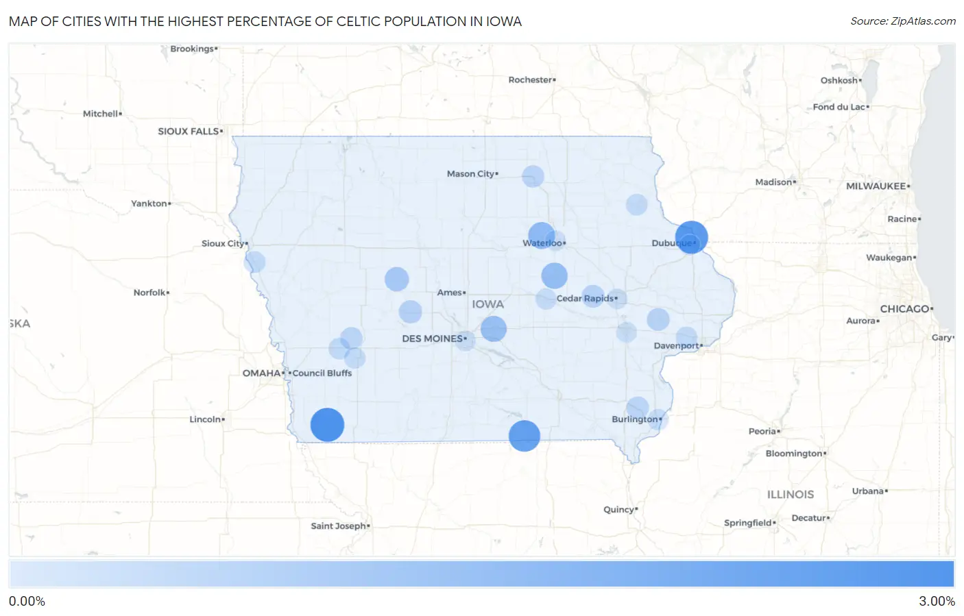 Cities with the Highest Percentage of Celtic Population in Iowa Map