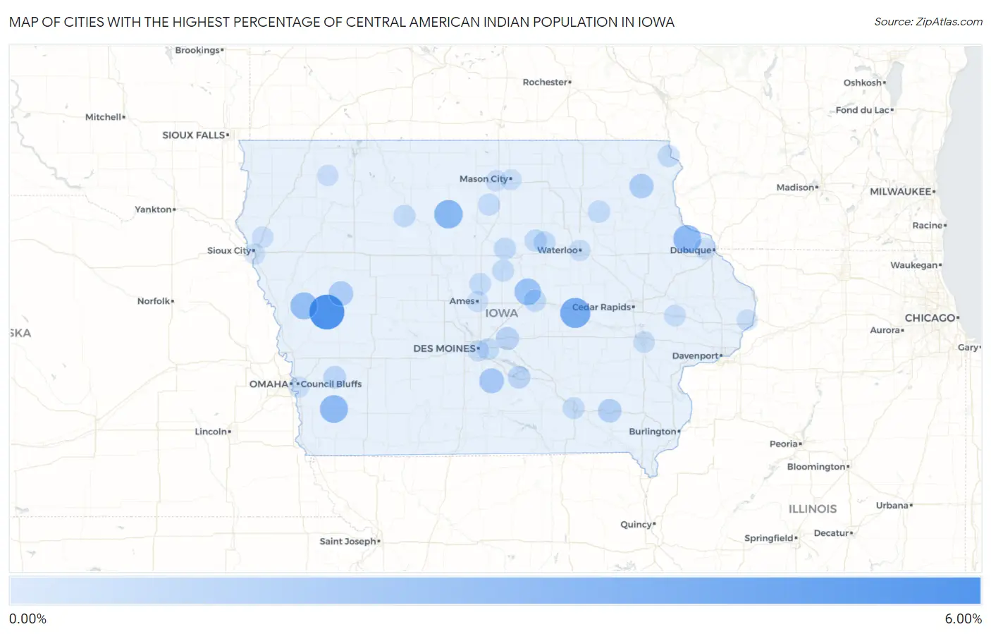 Cities with the Highest Percentage of Central American Indian Population in Iowa Map