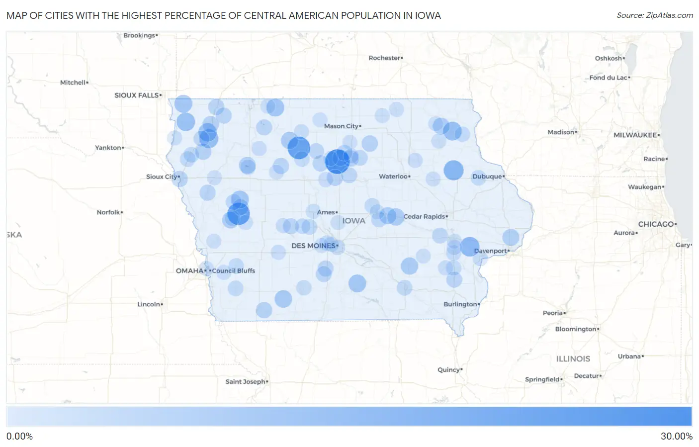 Cities with the Highest Percentage of Central American Population in Iowa Map