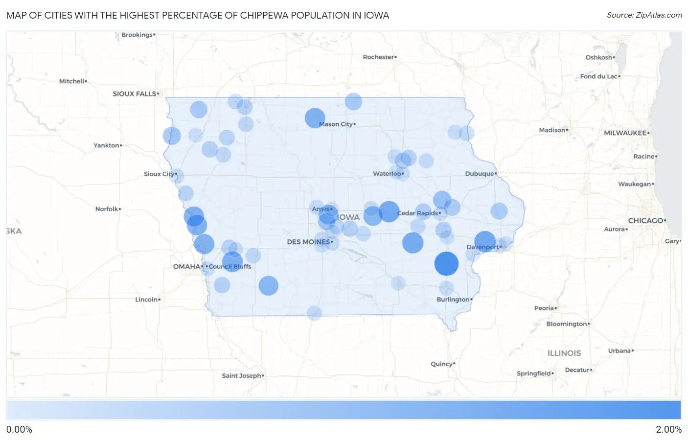 Cities with the Highest Percentage of Chippewa Population in Iowa Map