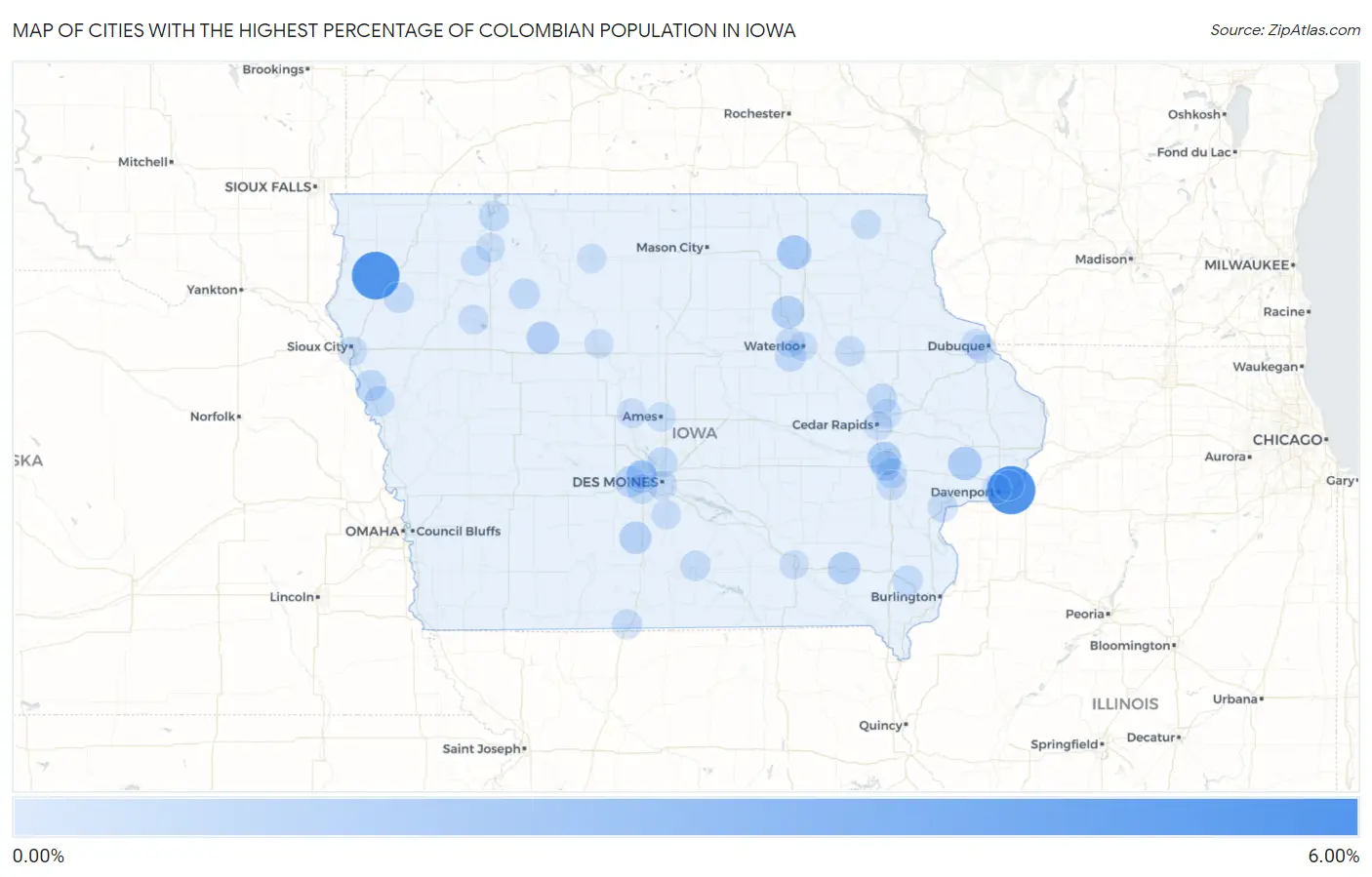 Cities with the Highest Percentage of Colombian Population in Iowa Map
