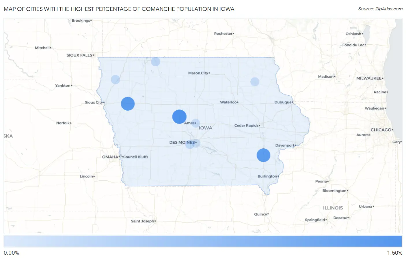 Cities with the Highest Percentage of Comanche Population in Iowa Map
