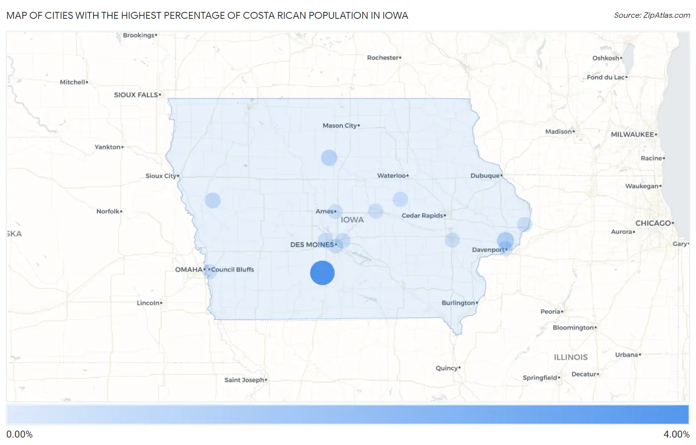 Cities with the Highest Percentage of Costa Rican Population in Iowa Map
