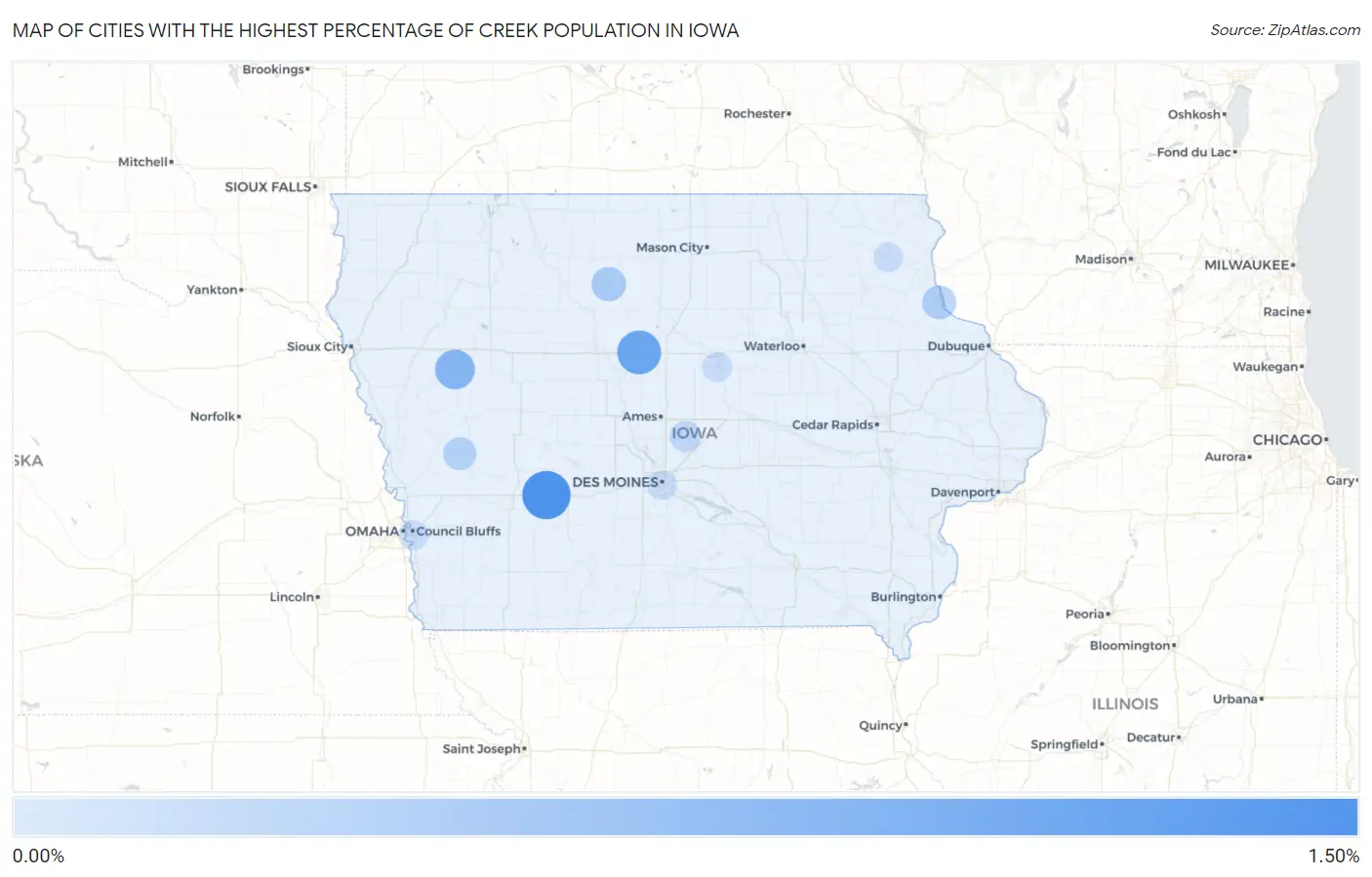 Cities with the Highest Percentage of Creek Population in Iowa Map