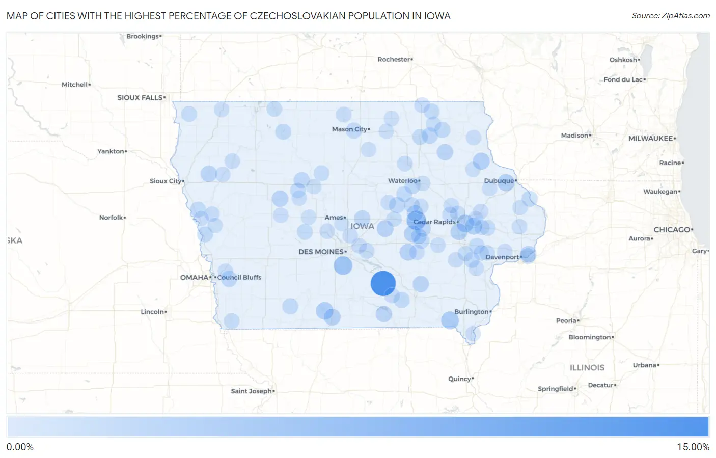 Cities with the Highest Percentage of Czechoslovakian Population in Iowa Map