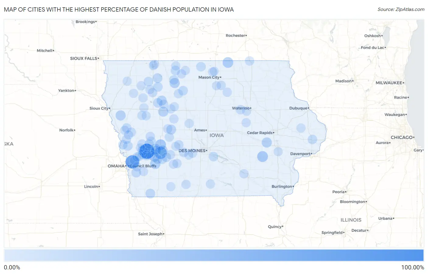 Cities with the Highest Percentage of Danish Population in Iowa Map