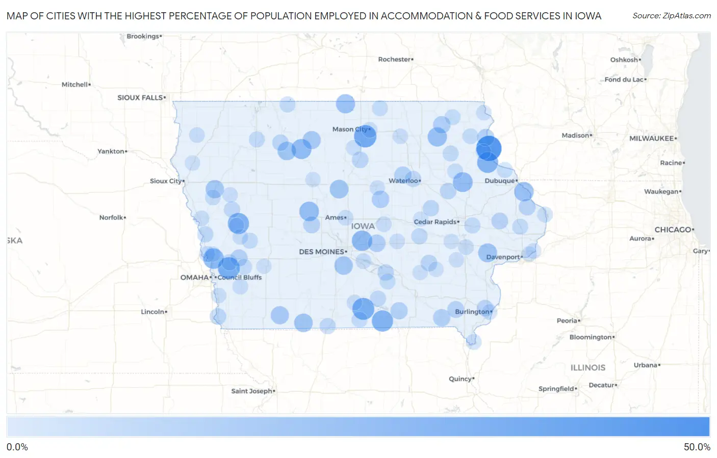 Cities with the Highest Percentage of Population Employed in Accommodation & Food Services in Iowa Map