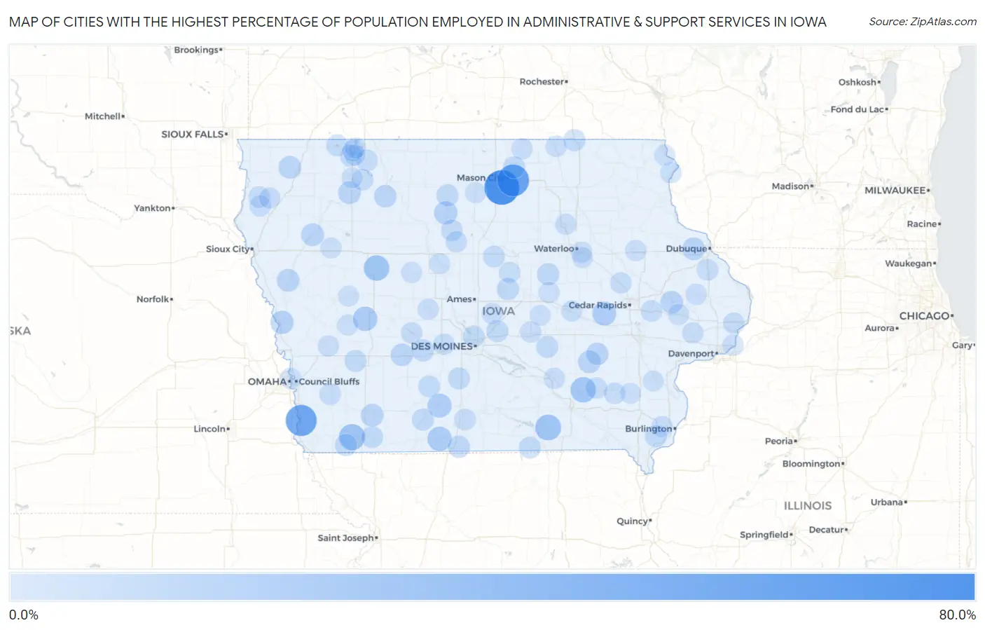 Cities with the Highest Percentage of Population Employed in Administrative & Support Services in Iowa Map