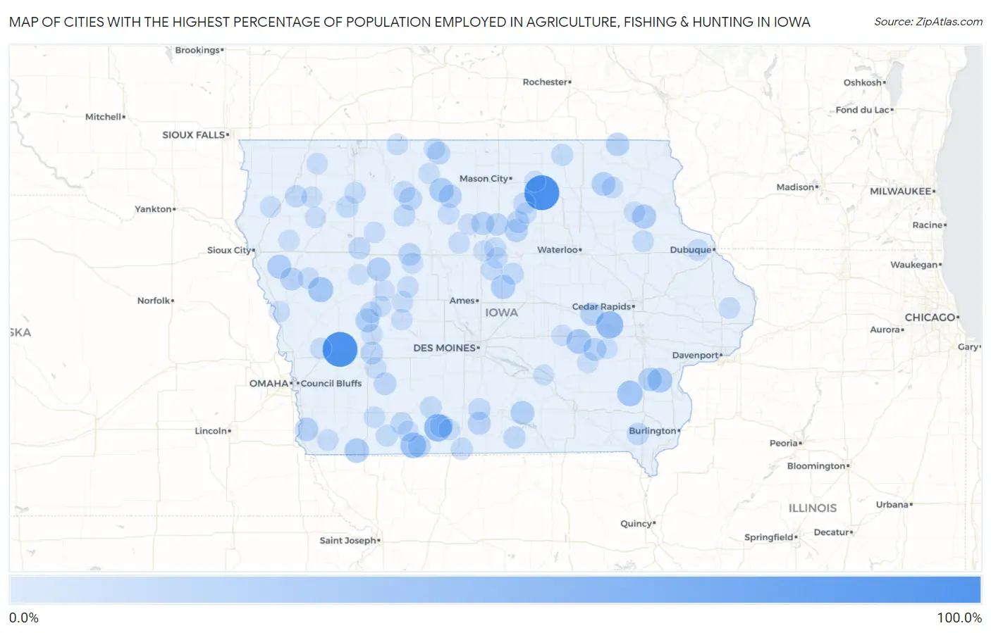 Cities with the Highest Percentage of Population Employed in Agriculture, Fishing & Hunting in Iowa Map