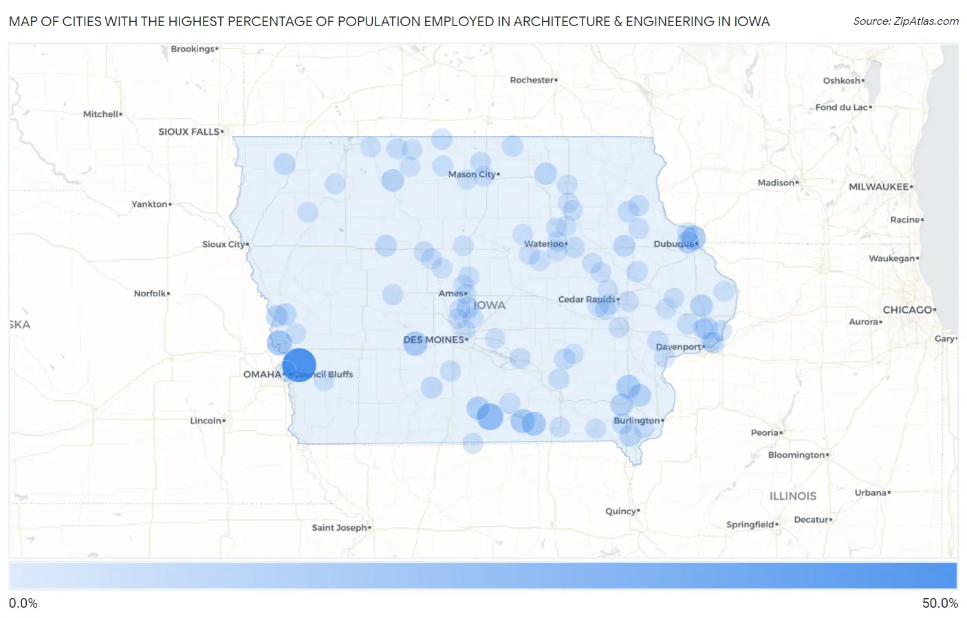 Cities with the Highest Percentage of Population Employed in Architecture & Engineering in Iowa Map