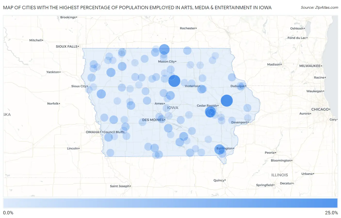 Cities with the Highest Percentage of Population Employed in Arts, Media & Entertainment in Iowa Map