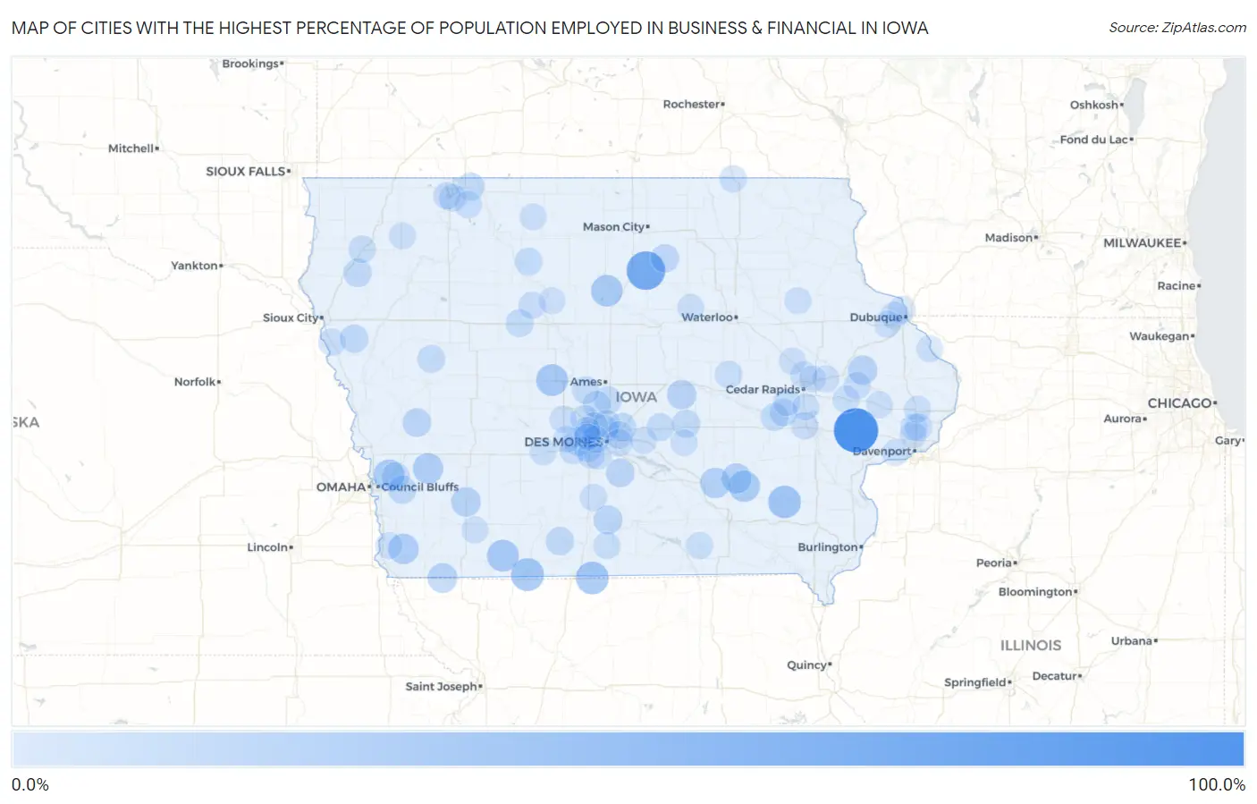 Cities with the Highest Percentage of Population Employed in Business & Financial in Iowa Map