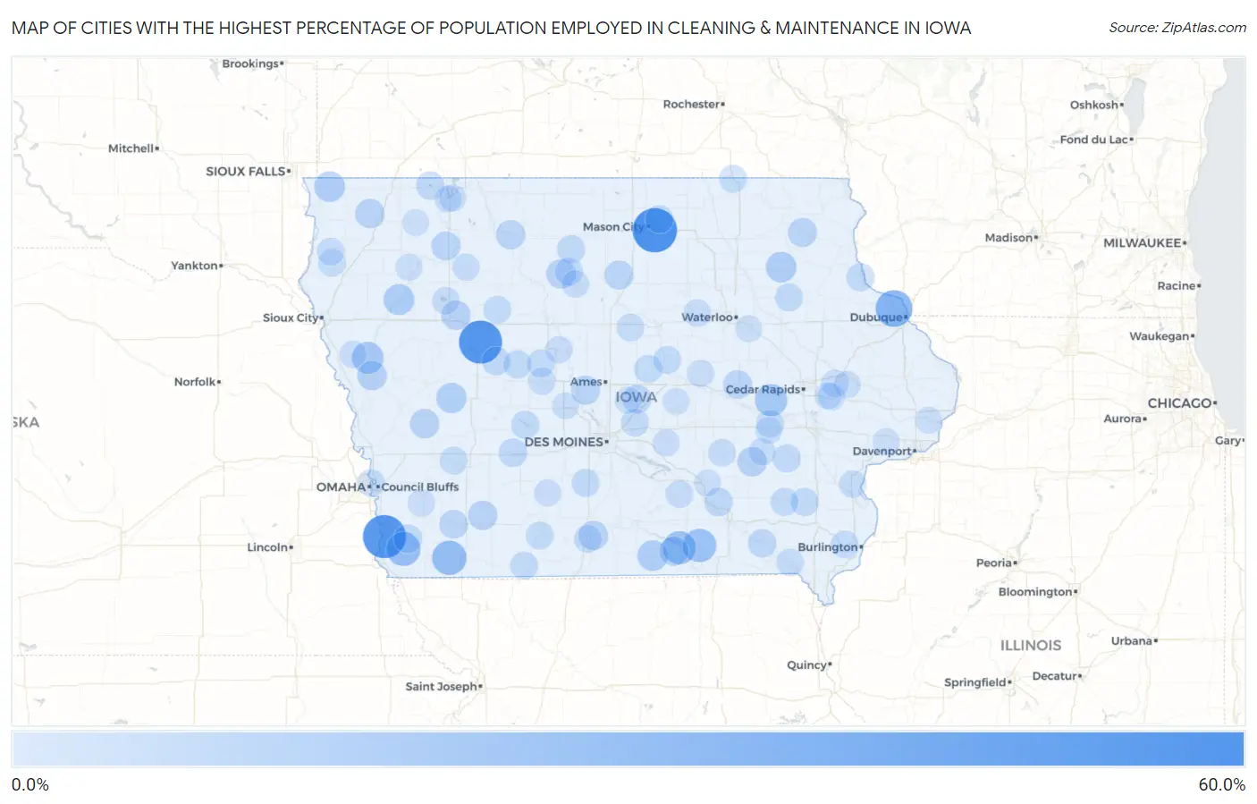 Cities with the Highest Percentage of Population Employed in Cleaning & Maintenance in Iowa Map