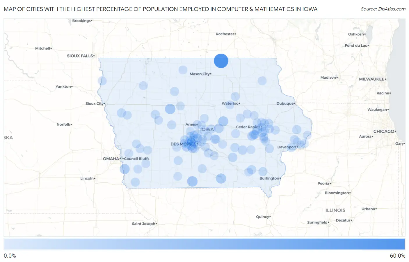Cities with the Highest Percentage of Population Employed in Computer & Mathematics in Iowa Map