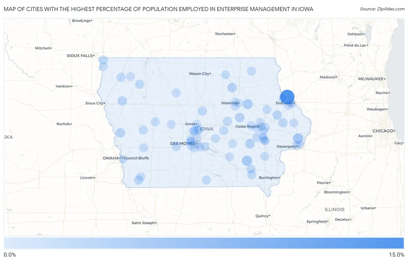 Cities with the Highest Percentage of Population Employed in Enterprise Management in Iowa Map