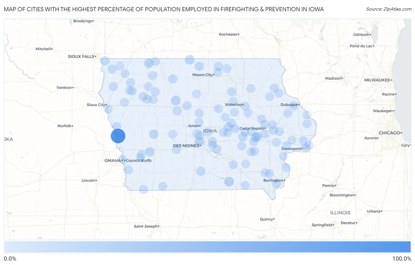 Cities with the Highest Percentage of Population Employed in Firefighting & Prevention in Iowa Map