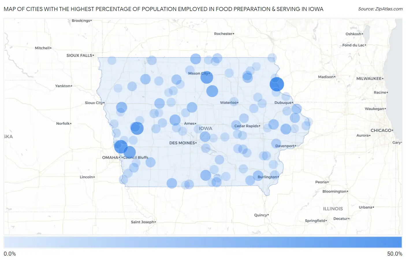 Cities with the Highest Percentage of Population Employed in Food Preparation & Serving in Iowa Map
