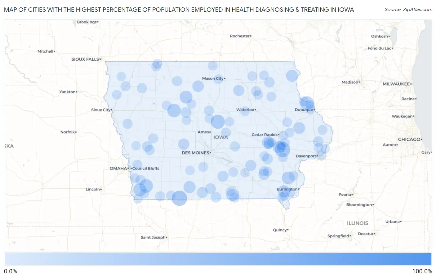 Cities with the Highest Percentage of Population Employed in Health Diagnosing & Treating in Iowa Map