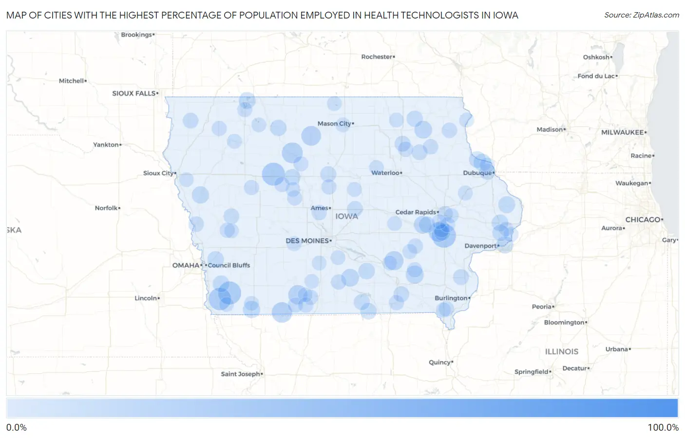 Cities with the Highest Percentage of Population Employed in Health Technologists in Iowa Map
