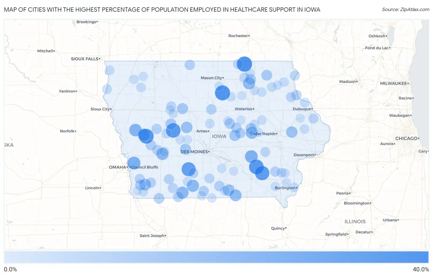 Cities with the Highest Percentage of Population Employed in Healthcare Support in Iowa Map
