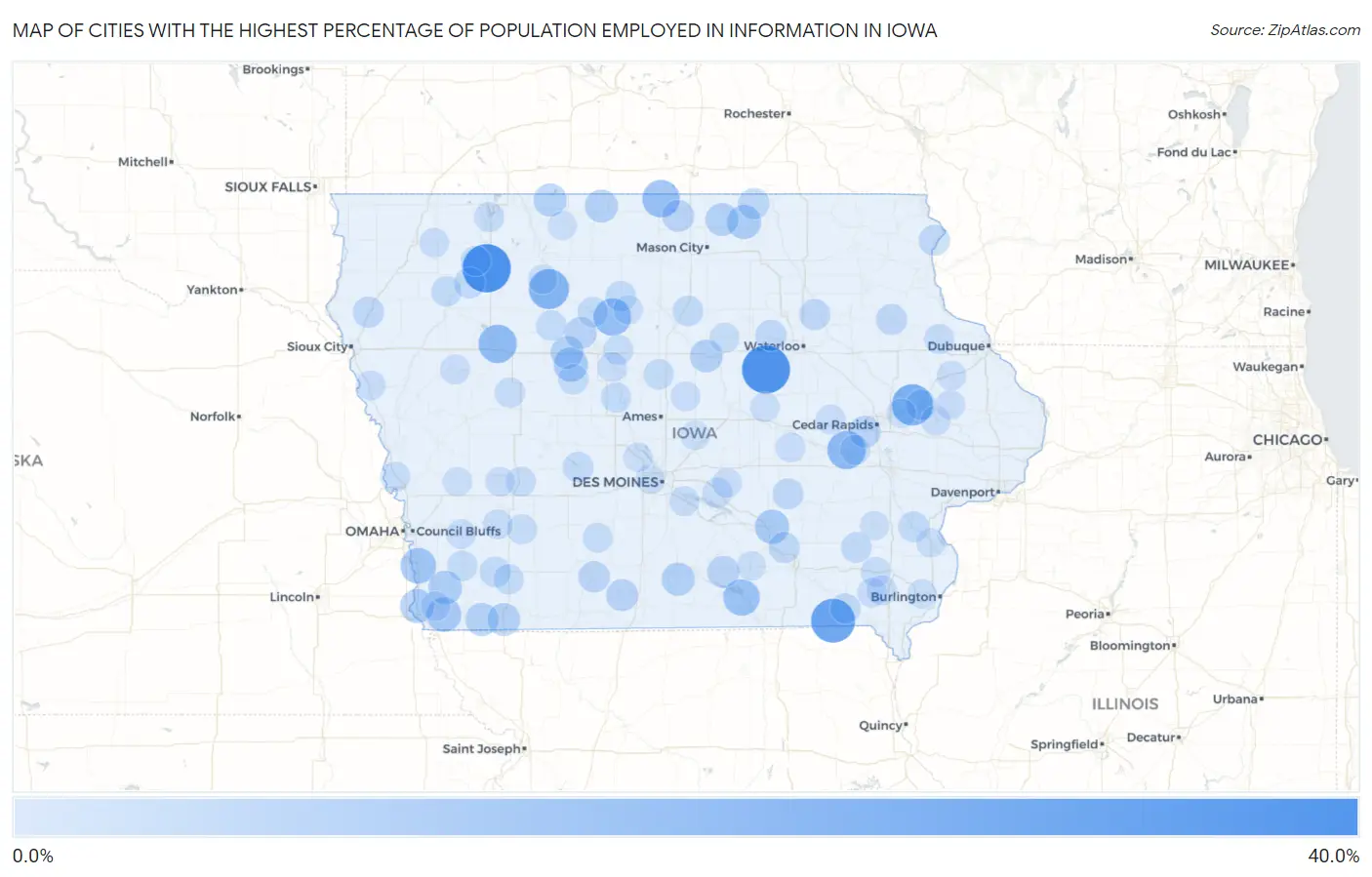 Cities with the Highest Percentage of Population Employed in Information in Iowa Map