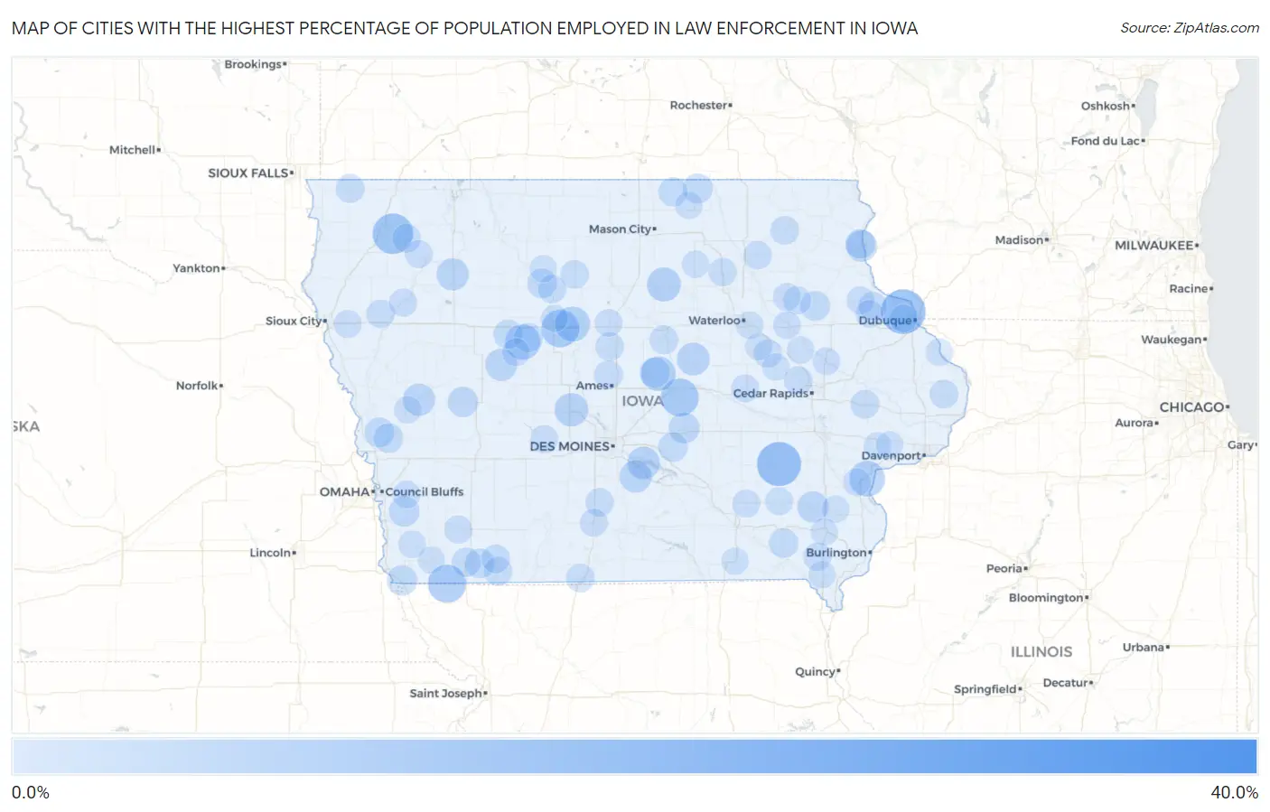 Cities with the Highest Percentage of Population Employed in Law Enforcement in Iowa Map
