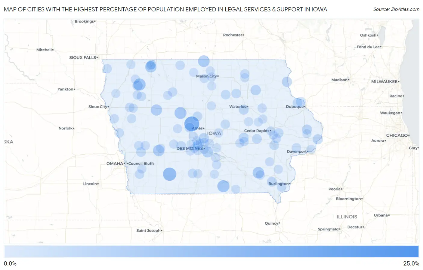 Cities with the Highest Percentage of Population Employed in Legal Services & Support in Iowa Map
