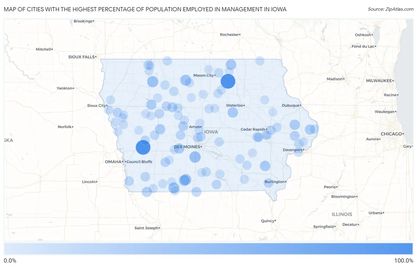 Cities with the Highest Percentage of Population Employed in Management in Iowa Map