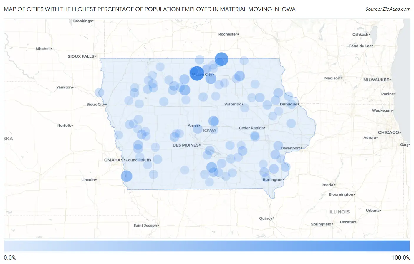 Cities with the Highest Percentage of Population Employed in Material Moving in Iowa Map