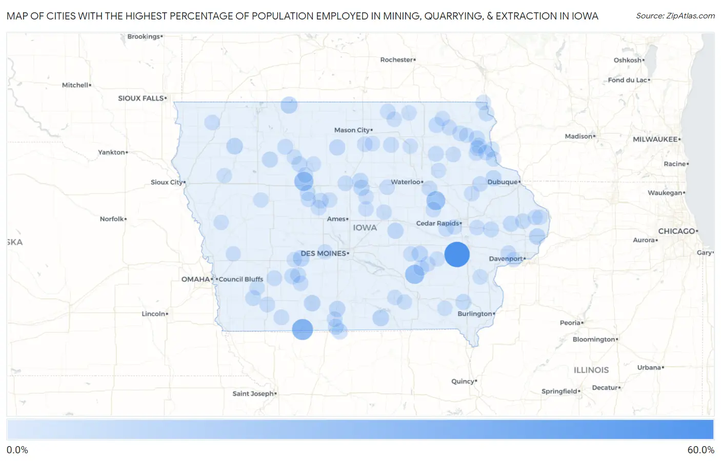 Cities with the Highest Percentage of Population Employed in Mining, Quarrying, & Extraction in Iowa Map