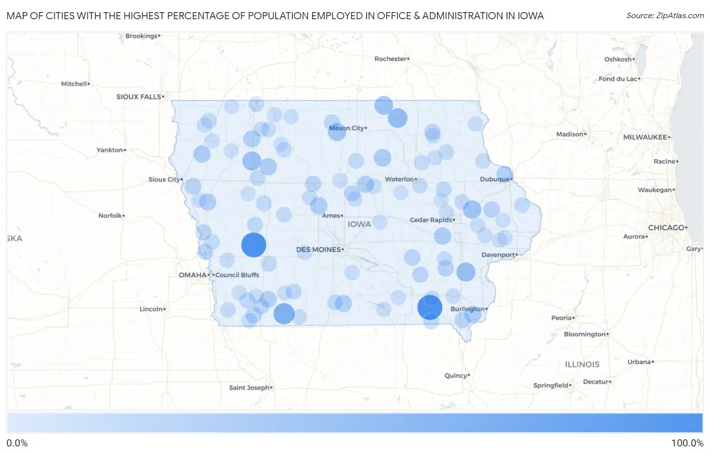 Cities with the Highest Percentage of Population Employed in Office & Administration in Iowa Map