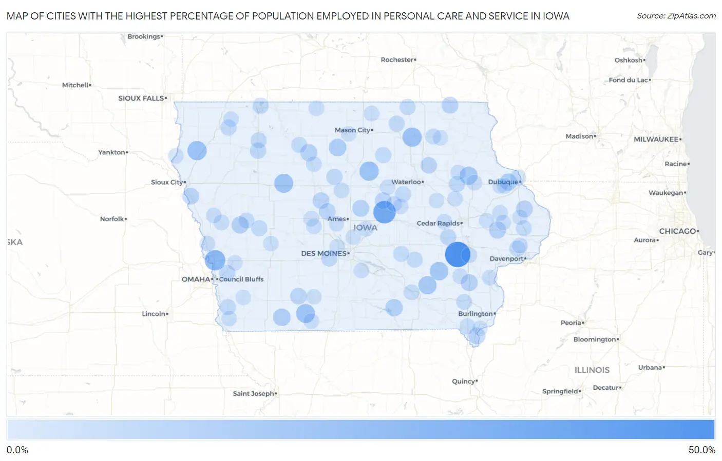 Cities with the Highest Percentage of Population Employed in Personal Care and Service in Iowa Map