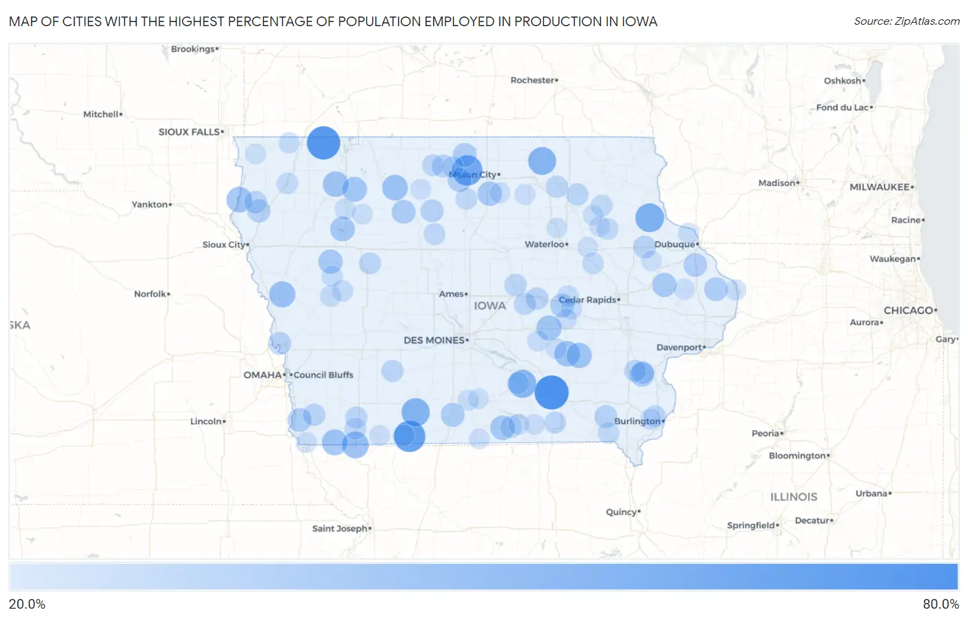 Cities with the Highest Percentage of Population Employed in Production in Iowa Map