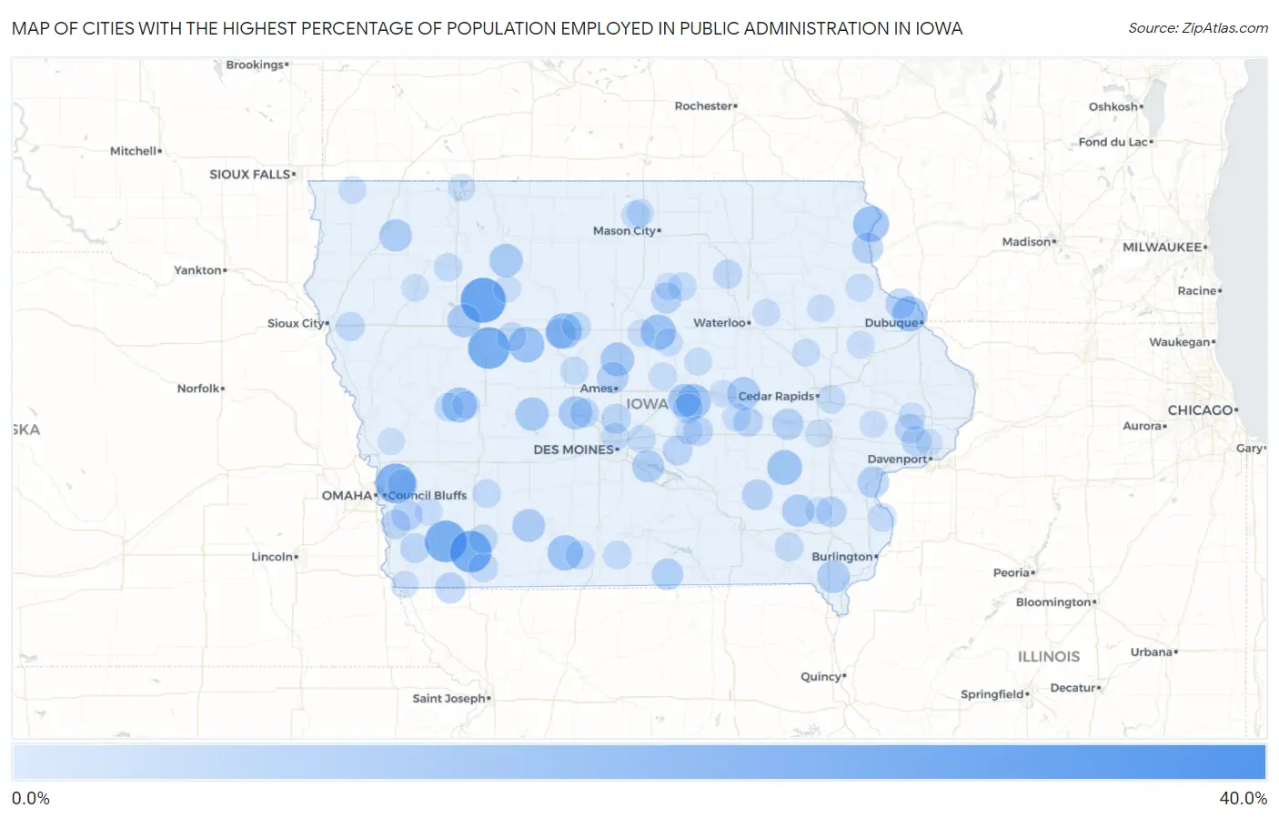 Cities with the Highest Percentage of Population Employed in Public Administration in Iowa Map