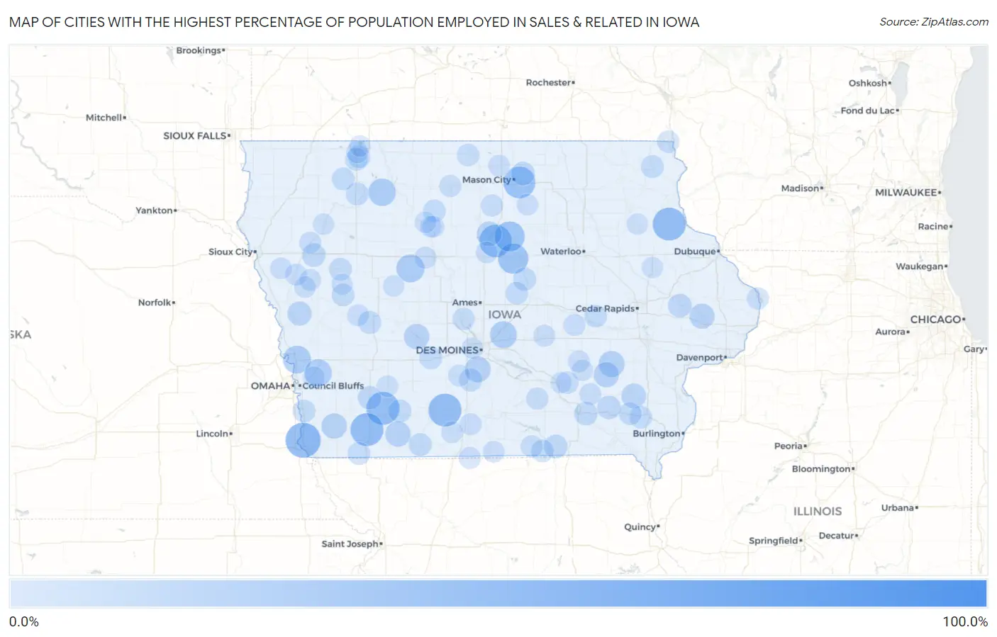 Cities with the Highest Percentage of Population Employed in Sales & Related in Iowa Map