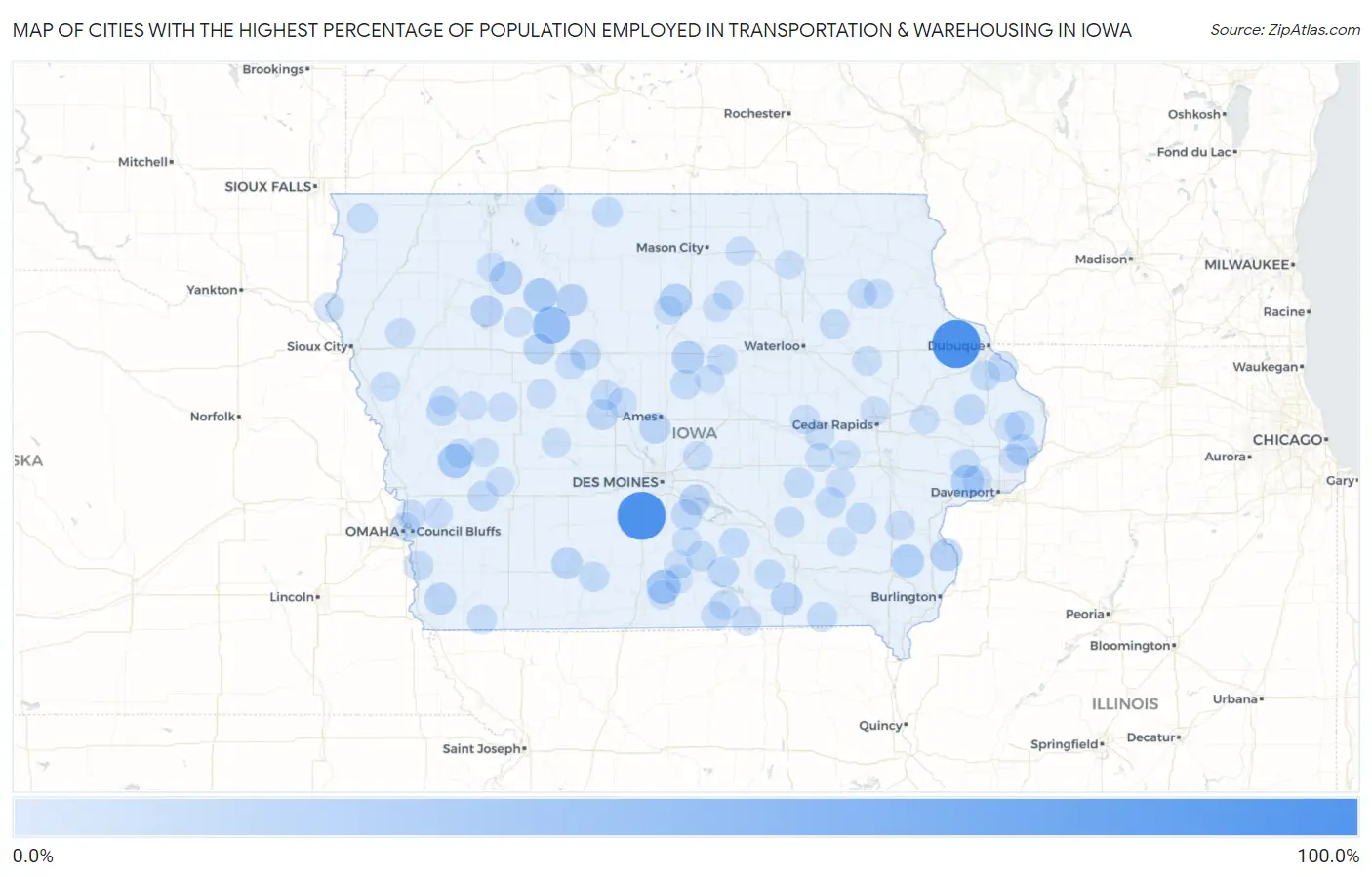 Cities with the Highest Percentage of Population Employed in Transportation & Warehousing in Iowa Map