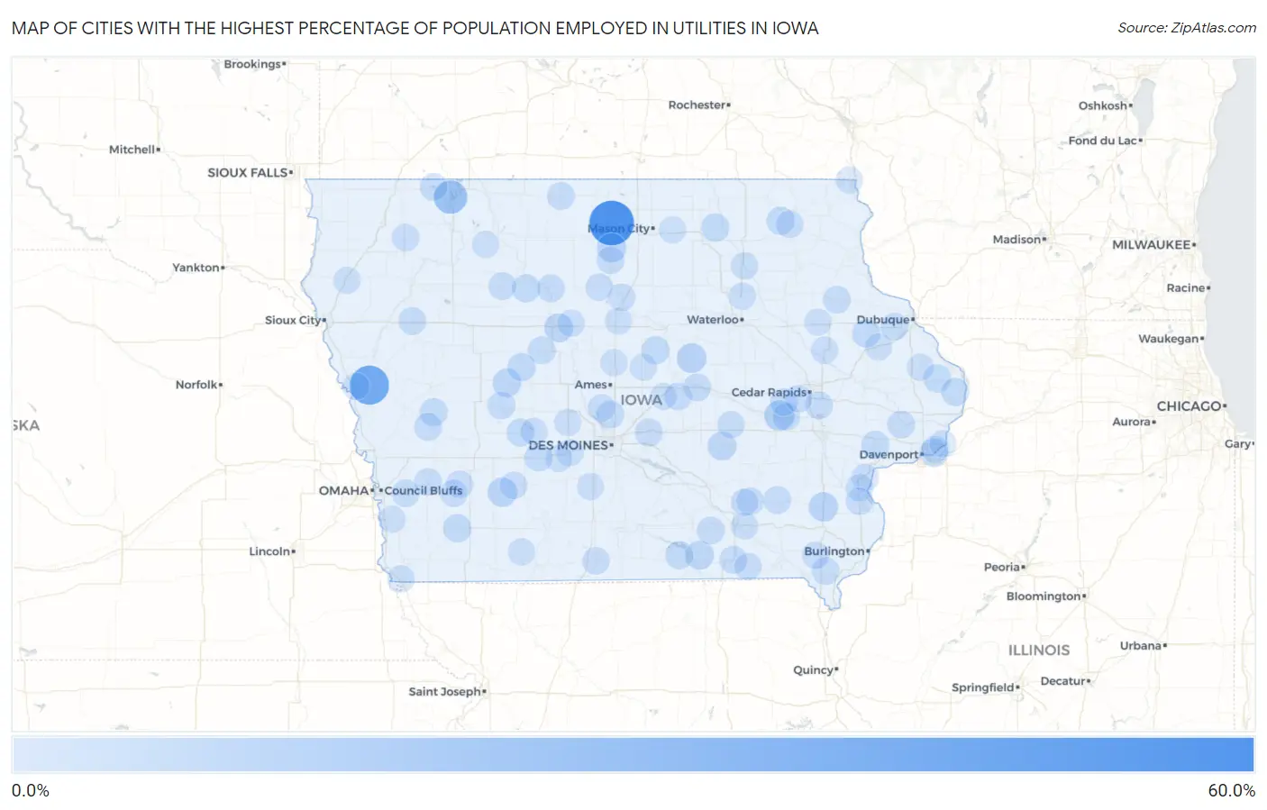 Cities with the Highest Percentage of Population Employed in Utilities in Iowa Map