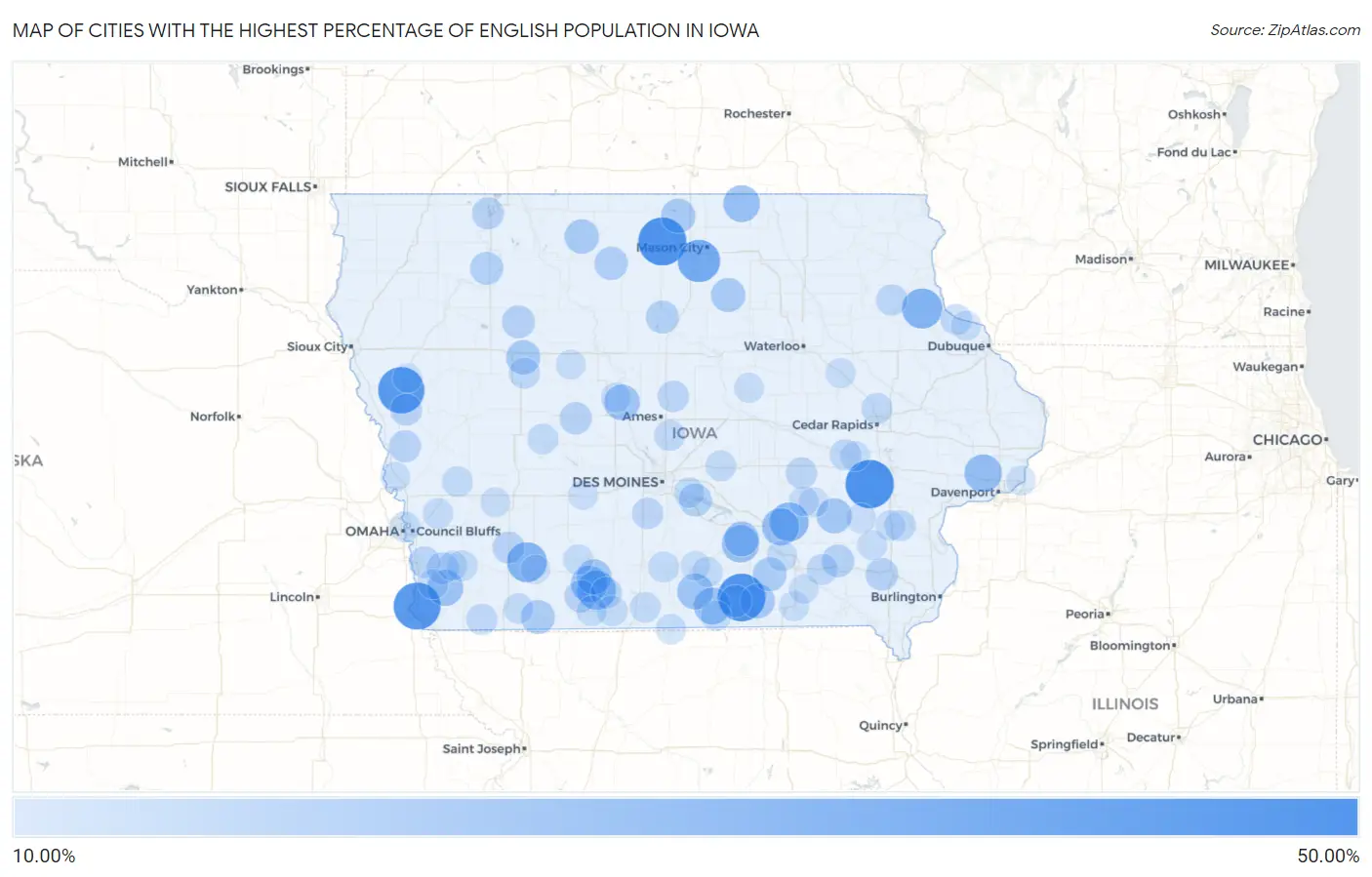 Cities with the Highest Percentage of English Population in Iowa Map