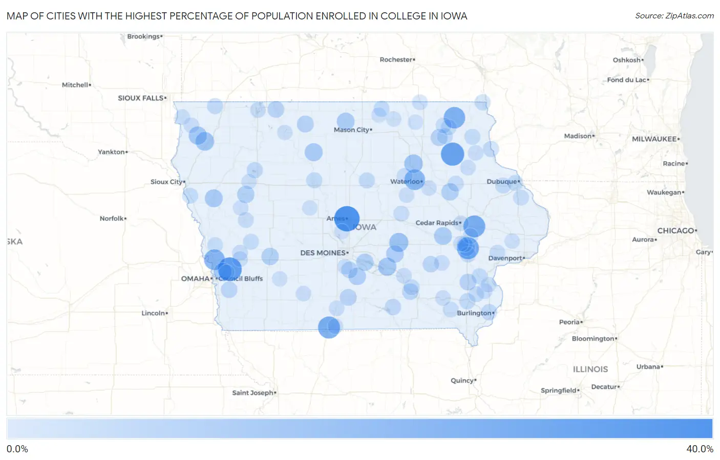 Cities with the Highest Percentage of Population Enrolled in College in Iowa Map
